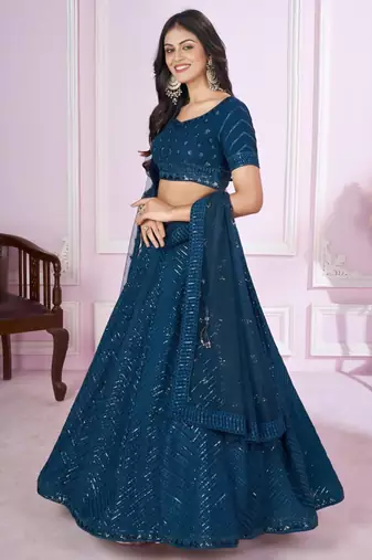 teal blue georgette embroidered lehenga set