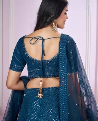 teal blue georgette embroidered lehenga set 4