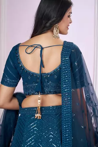 teal blue georgette embroidered lehenga set