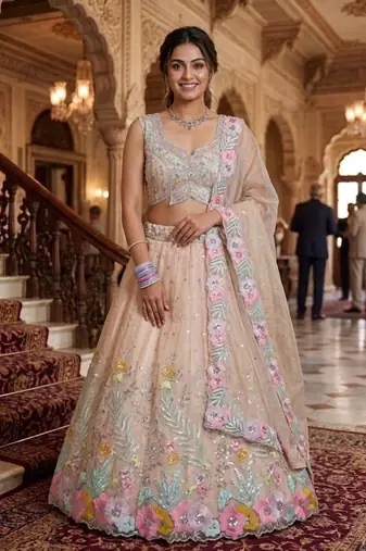 light peach silk blend embroidered lehenga set