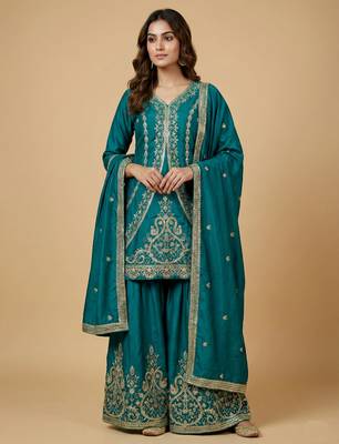 Teal blue designer natural crepe sequins embroidered work readymade suit 1