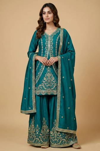 Teal blue designer natural crepe sequins embroidered work readymade suit