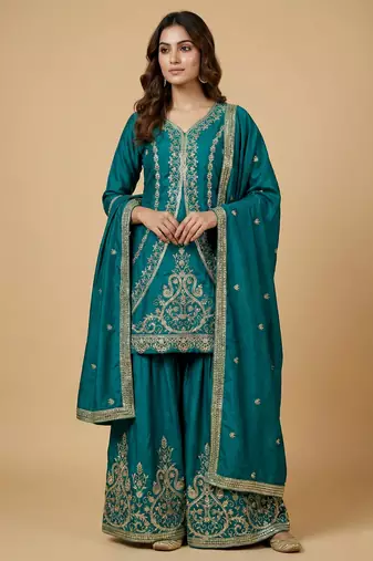 Teal blue designer natural crepe sequins embroidered work readymade suit