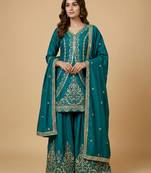 Teal blue designer natural crepe sequins embroidered work readymade suit