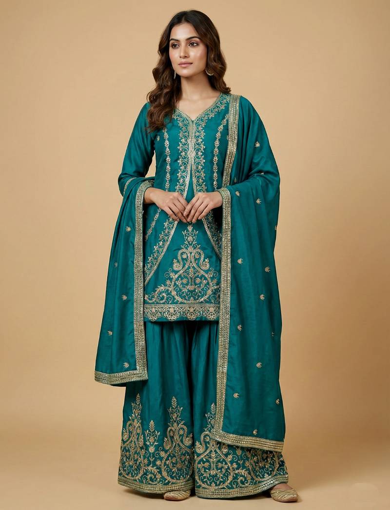 Teal blue designer natural crepe sequins embroidered work readymade suit