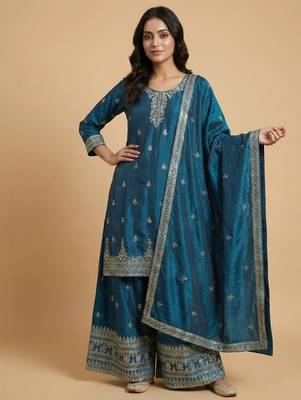 Teal designer chinon sequins embroidered work readymade suit 2