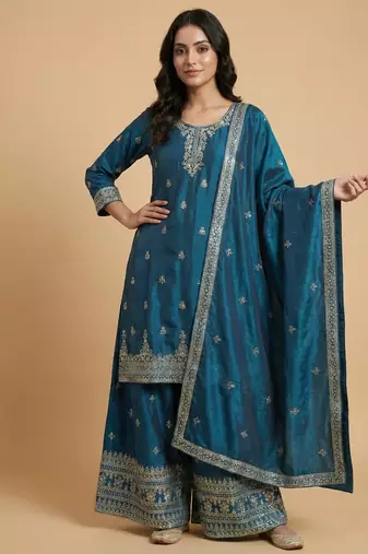 Teal designer chinon sequins embroidered work readymade suit