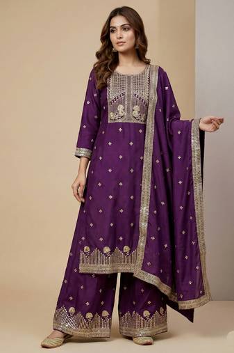 Purple designer natural crepe sequins embroidered work readymade suit