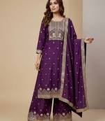 Purple designer natural crepe sequins embroidered work readymade suit