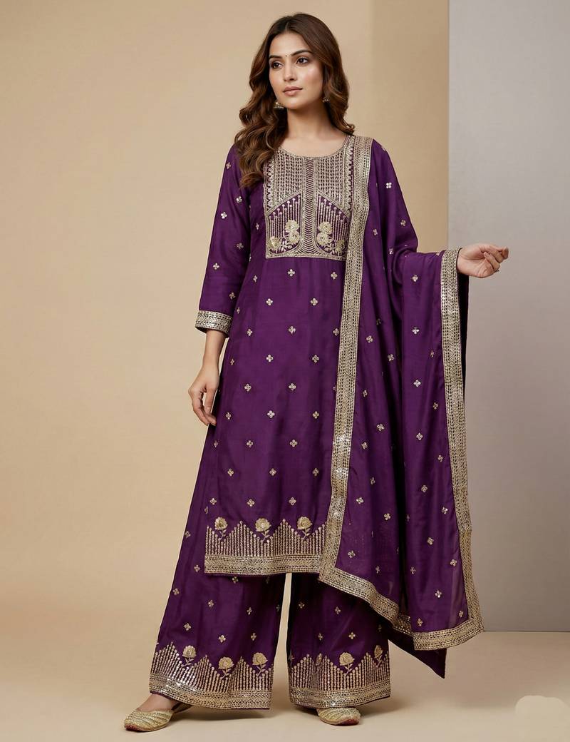 Purple designer natural crepe sequins embroidered work readymade suit