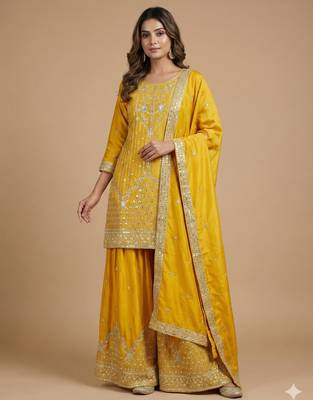 Yellow designer natural crepe sequins embroidered work readymade suit 1