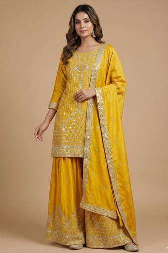 Yellow designer natural crepe sequins embroidered work readymade suit