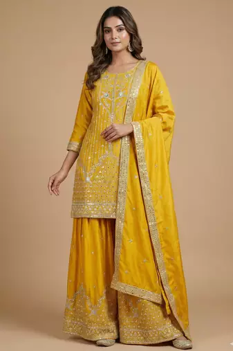 Yellow designer natural crepe sequins embroidered work readymade suit