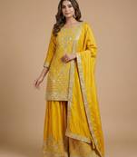 Yellow designer natural crepe sequins embroidered work readymade suit