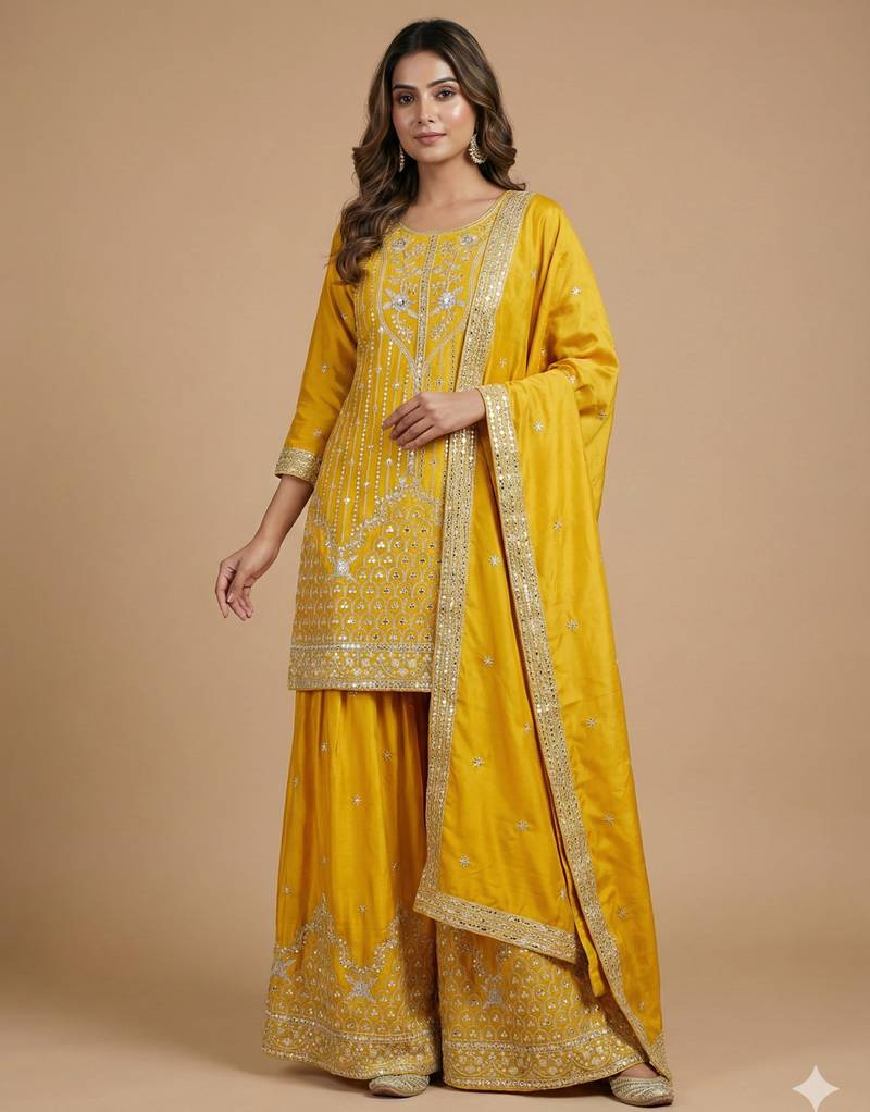 Yellow designer natural crepe sequins embroidered work readymade suit