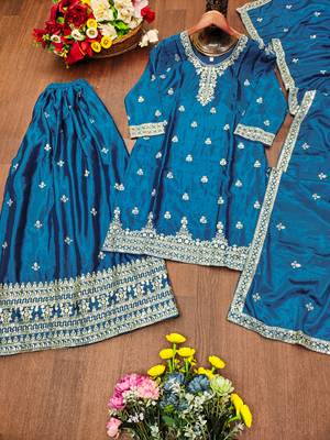 Teal designer chinon sequins embroidered work readymade suit 3