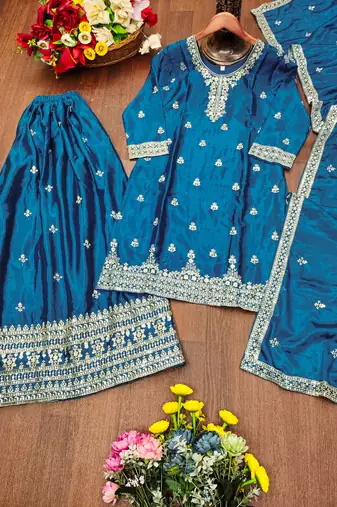 Teal designer chinon sequins embroidered work readymade suit