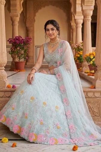 sky blue silk blend embroidered lehenga set