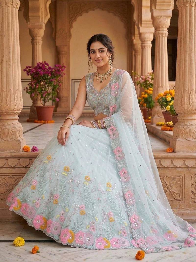 sky blue silk blend embroidered lehenga set