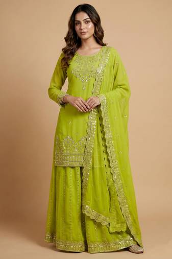 Parrot green designer georgette sequins embroidered work readymade suit