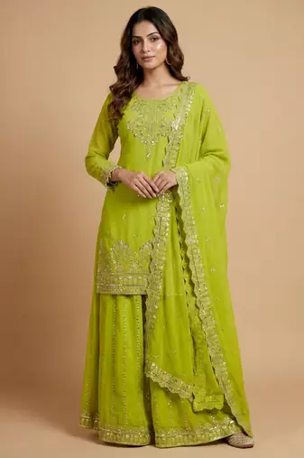 Parrot green designer georgette sequins embroidered work readymade suit