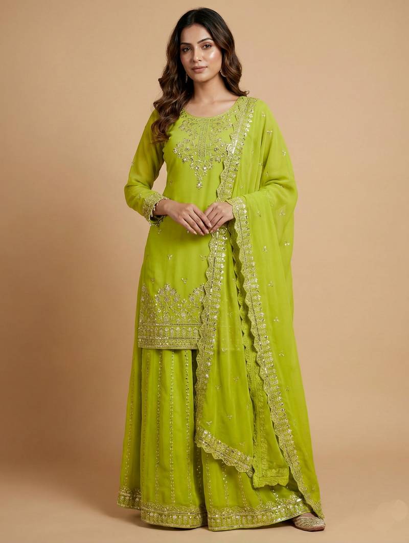 Parrot green designer georgette sequins embroidered work readymade suit