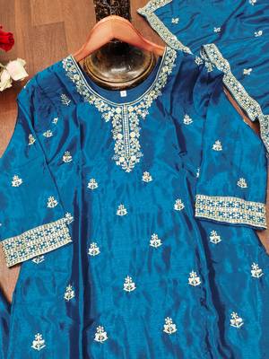 Teal designer chinon sequins embroidered work readymade suit 4