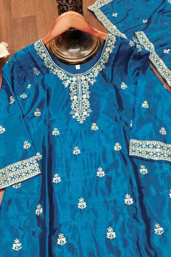 Teal designer chinon sequins embroidered work readymade suit