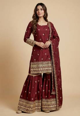Maroon designer chinon sequins embroidered work readymade suit 1