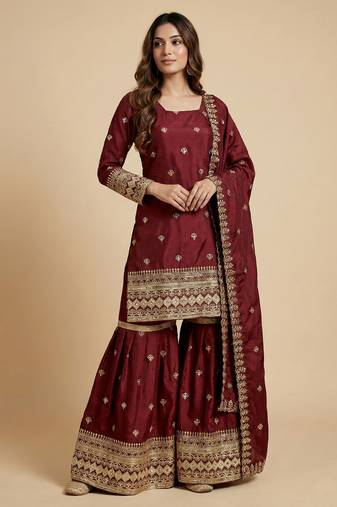 Maroon designer chinon sequins embroidered work readymade suit