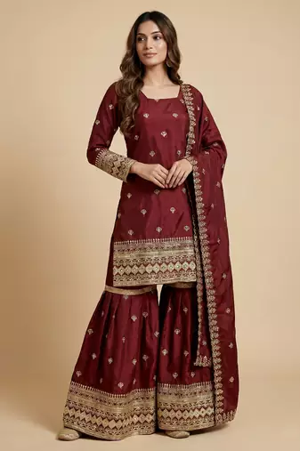 Maroon designer chinon sequins embroidered work readymade suit