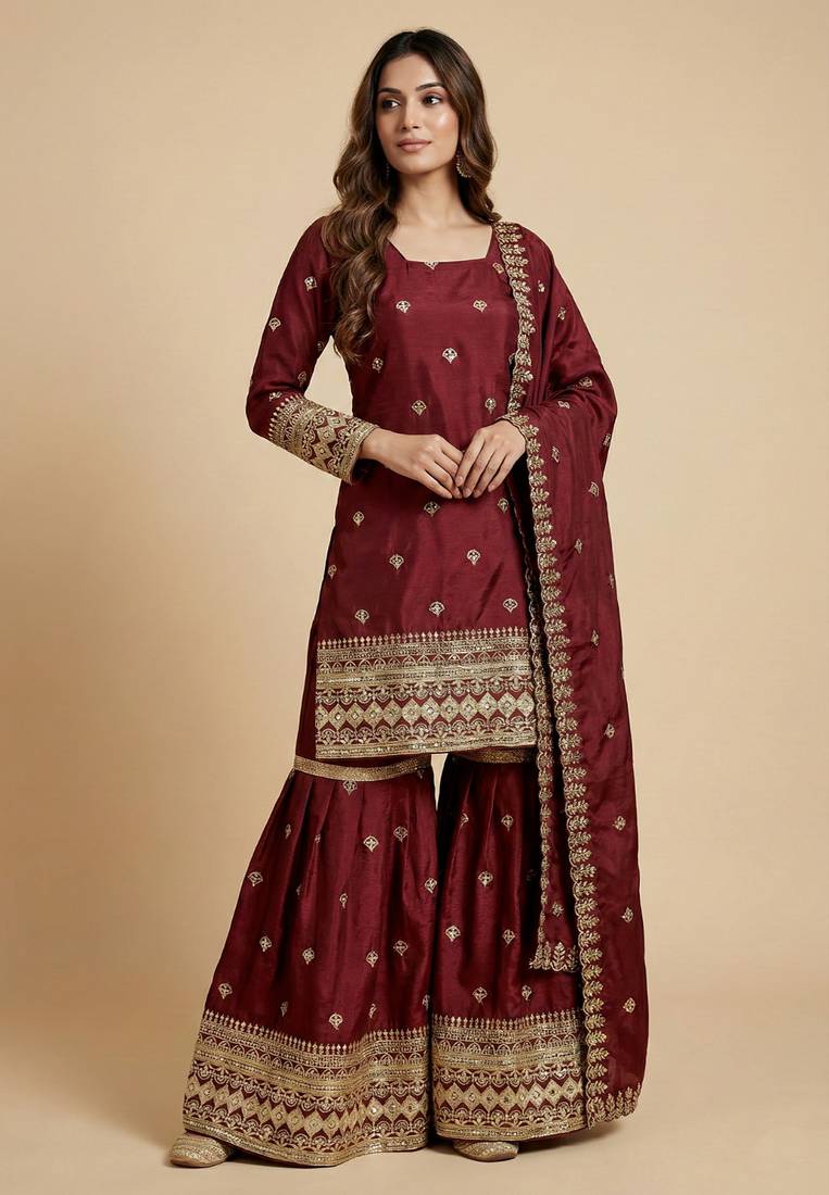 Maroon designer chinon sequins embroidered work readymade suit