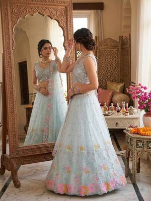 sky blue embroidered silk lehenga set 3