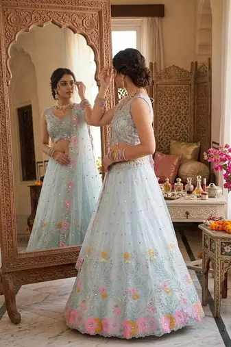 sky blue silk blend embroidered lehenga set