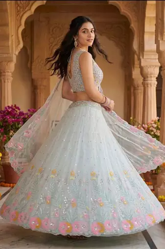 sky blue silk blend embroidered lehenga set