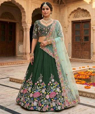 green satin embroidered lehenga set 1