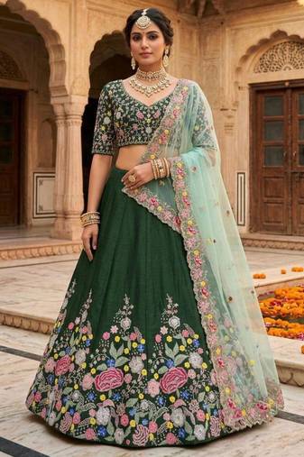 green satin embroidered lehenga set