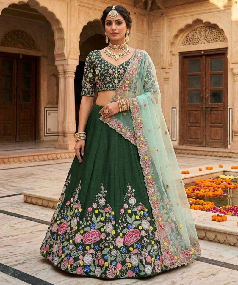 green satin embroidered lehenga set