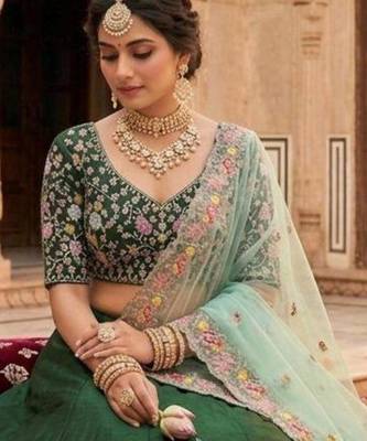 green satin embroidered lehenga set 2