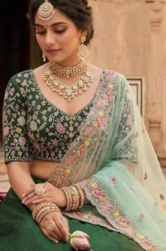 green satin embroidered lehenga set
