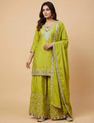 Parrot green designer chinon sequins embroidered work readymade suit 1