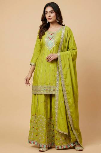 Parrot green designer chinon sequins embroidered work readymade suit