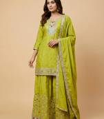 Parrot green designer chinon sequins embroidered work readymade suit