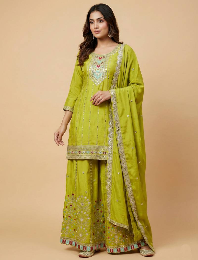 Parrot green designer chinon sequins embroidered work readymade suit