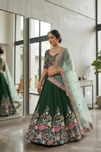 green satin embroidered lehenga set