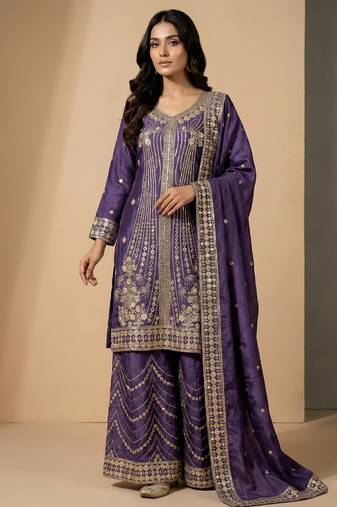 Light purple designer chinon sequins embroidered work readymade suit