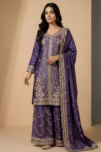 Light purple designer chinon sequins embroidered work readymade suit