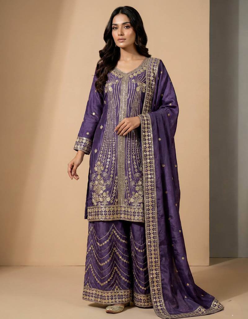 Light purple designer chinon sequins embroidered work readymade suit