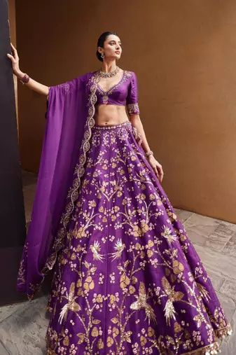 purple silk blend embroidered lehenga set