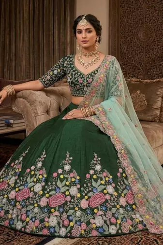 green satin embroidered lehenga set